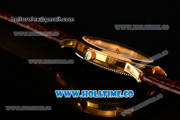 Vacheron Constantin Patrimony Tourbillon Swiss ETA 2824 Automatic Yellow Gold Case with Diamonds Markers Brown Leather Strap and White Dial - Click Image to Close
